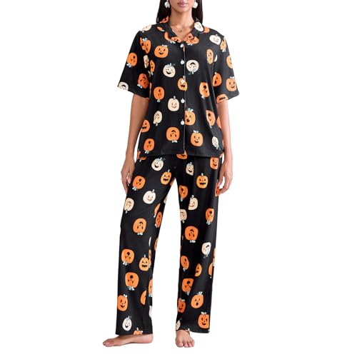 Geagodelia Damen Halloween Schlafanzug Kurz Lounge Pyjama Set Oberteile Top + Shorts Hausanzug Nachtwäsche Loungewear Kürbis Geist Zweiteiler Pjs (C Hose - Schwarz, M) von Geagodelia