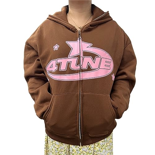 Geagodelia Damen Herren Zip Up Hoodie Y2k Aesthetic Clothes Hoody Kapuzenjacke Kapuzenpullover Vintage Sweatjacke Sweatshirt College Jacke mit Kapuze Top Streetwear (Braun, L) von Geagodelia