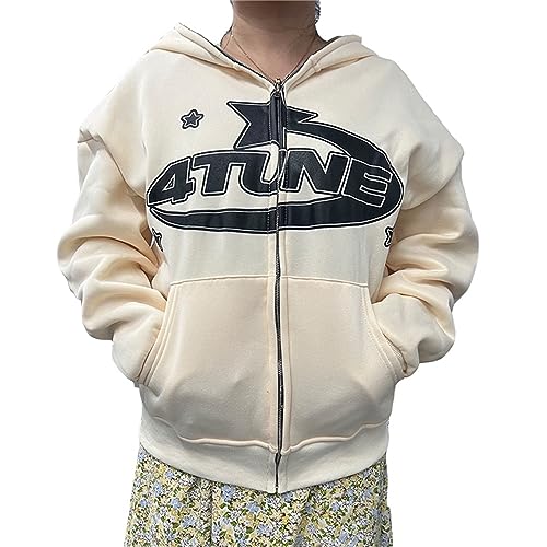 Geagodelia Damen Herren Zip Up Hoodie Y2k Aesthetic Clothes Hoody Kapuzenjacke Kapuzenpullover Vintage Sweatjacke Sweatshirt College Jacke mit Kapuze Top Streetwear (Creme, L) von Geagodelia