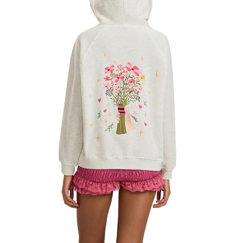 Geagodelia Damen Hoodie Vintage Kapuzenpullover Langarm Y2k Hoody Blumen Pullover Aesthetic Clothes College Sweatshirt mit Kapuze Herbst Frühling Outfit Top (Hellgrau, L) von Geagodelia