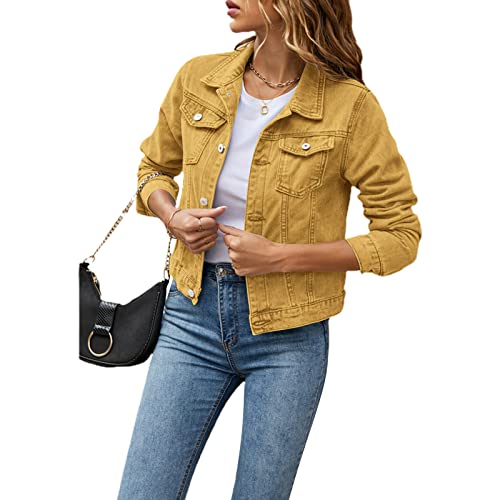 Geagodelia Damen Jeansjacke Vintage Jeans Jacke Kurze Übergangsjacke Sweatshirt mit Knopf Y2K Aesthetic Top Frühling Sommer Herbst (Gelb, L) von Geagodelia