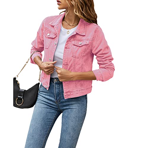 Geagodelia Damen Jeansjacke Vintage Jeans Jacke Kurze Übergangsjacke Sweatshirt mit Knopf Y2K Aesthetic Top Frühling Sommer Herbst (Pink, S) von Geagodelia