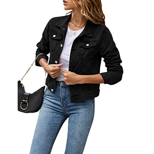 Geagodelia Damen Jeansjacke Vintage Jeans Jacke Kurze Übergangsjacke Sweatshirt mit Knopf Y2K Aesthetic Top Frühling Sommer Herbst (Schwarz, M) von Geagodelia