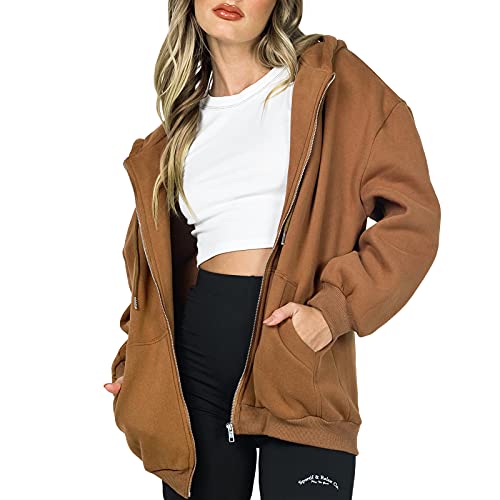 Geagodelia Damen Kapuzenjacke Kapuzenpullover Vintage Oversize Sweatjacke Sweatshirt College Jacke Übergangsjacke Zip Hoodie Hoody mit Kapuze (Braun (Dick, 600g), L) von Geagodelia