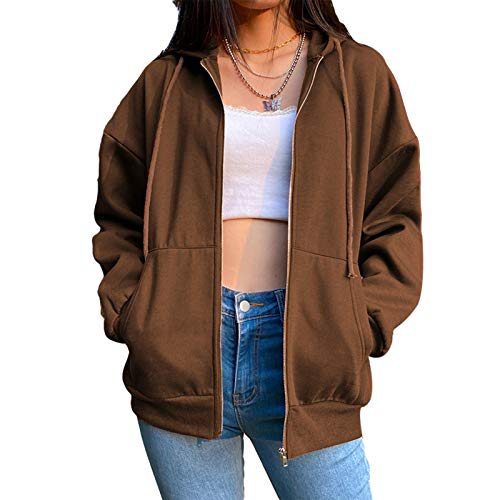 Geagodelia Damen Kapuzenjacke Kapuzenpullover Vintage Oversize Sweatjacke Sweatshirt College Jacke Übergangsjacke for Teenager Mädchen Y2K Fashion Top Zip Hoodie Frühling Herbst (Braun 08, L) von Geagodelia