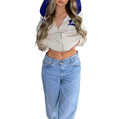 Geagodelia Damen Kapuzenjacke Kapuzenpullover Vintage Sweatjacke Sweatshirt College Jacke Übergangsjacke Zip Hoodie Hoody mit Kapuze Y2K Fashion Top Frühling Herbst (Eisgrau, L) von Geagodelia