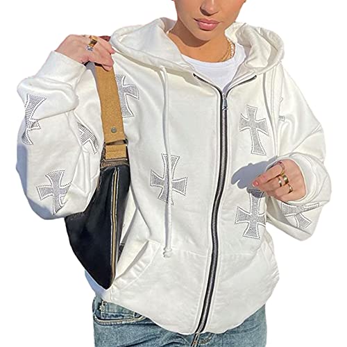 Geagodelia Damen Kapuzenjacke Kapuzenpullover Vintage Sweatjacke Sweatshirt College Jacke Übergangsjacke Zip Hoodie Hoody mit Kapuze Y2K Fashion Top Frühling Herbst (Weiß - Kreuz, L) von Geagodelia