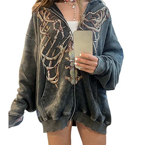 Geagodelia Damen Kapuzenjacke Kapuzenpullover Vintage Sweatjacke Sweatshirt College Jacke Übergangsjacke for Teenager Mädchen Y2K Fashion Top Zip Hoodie Frühling Herbst (Grau 31, L) von Geagodelia