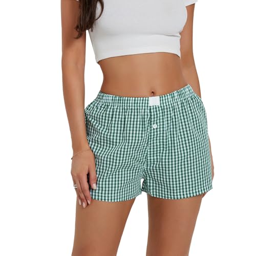 Geagodelia Damen Karierte Pyjama Shorts Boxershorts Sexy Sommer Schlafshorts Kurze Hose Leichte Pyjamahose Schlafhose Y2k Lounge Shorts (A - Grün, S) von Geagodelia