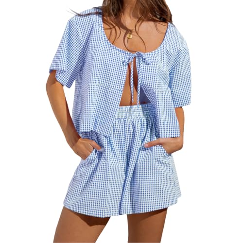 Geagodelia Damen Karierte Zweiteiler Sommer Outfit Elegant Hosenanzug 2 Teiler Loungewear Set Binden Vorne Bluse Top + Shorts Y2k Aesthetic Clothes Kleidung Anzug (Blau, L) von Geagodelia