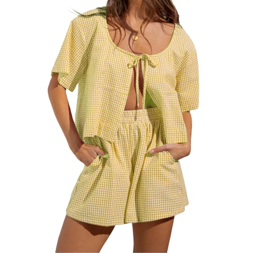 Geagodelia Damen Karierte Zweiteiler Sommer Outfit Elegant Hosenanzug 2 Teiler Loungewear Set Binden Vorne Bluse Top + Shorts Y2k Aesthetic Clothes Kleidung Anzug (Gelb, S) von Geagodelia