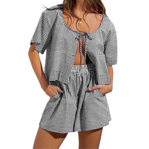 Geagodelia Damen Karierte Zweiteiler Sommer Outfit Elegant Hosenanzug 2 Teiler Loungewear Set Binden Vorne Bluse Top + Shorts Y2k Aesthetic Clothes Kleidung Anzug (Schwarz, M) von Geagodelia