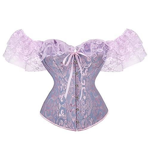 Geagodelia Damen Korsett Oberteil Spitzen Kurzarm Rücken Schnüren Große Brüste Sexy Piraten Kostüm Corsage Bustier Corset Top Große Größen (A 01- Lila, L) von Geagodelia