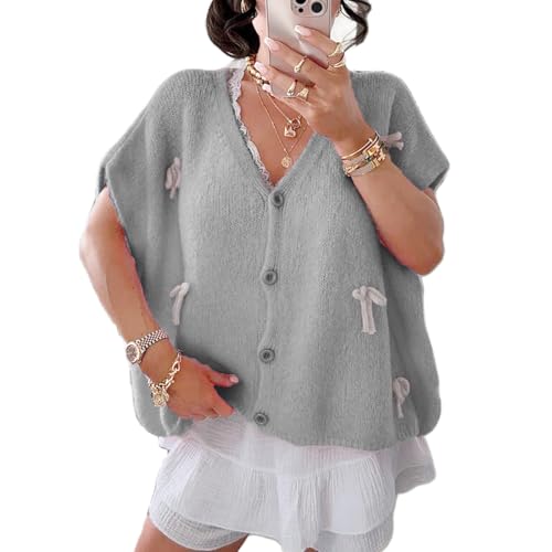 Geagodelia Damen Kurzarm Bogen Strickjacke Sommer Dünn Strick Cropped Cardigan Elegante Pullover Strickpullover Strickweste Pulli Knitted Top Y2k Sweater Frühling Sommer (Grau, XL) von Geagodelia