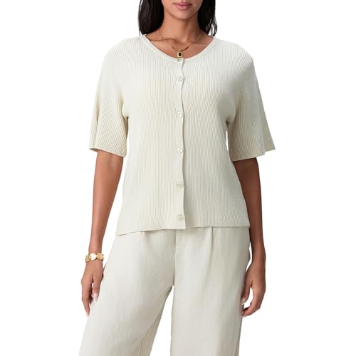 Geagodelia Damen Kurzarm Strickjacke Dünn Strick Cropped Cardigan Pullover Elegante Strickpullover Strickweste Knitted Top Pulli Y2k Sweater Frühling Sommer (A - Beige, XL) von Geagodelia