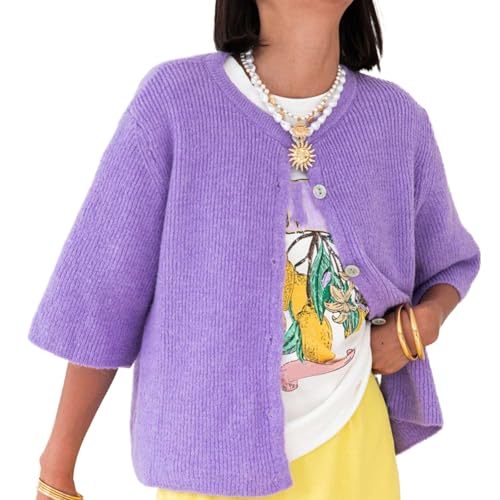 Geagodelia Damen Kurzarm Strickjacke Dünn Strick Cropped Cardigan Pullover Elegante Strickpullover Strickweste Knitted Top Pulli Y2k Sweater Frühling Sommer (A - Lila, L) von Geagodelia