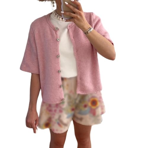 Geagodelia Damen Kurzarm Strickjacke Dünn Strick Cropped Cardigan Pullover Elegante Strickpullover Strickweste Knitted Top Pulli Y2k Sweater Frühling Sommer (A - Pink, S) von Geagodelia