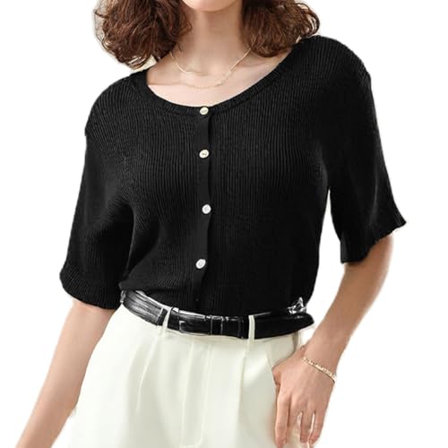 Geagodelia Damen Kurzarm Strickjacke Dünn Strick Cropped Cardigan Pullover Elegante Strickpullover Strickweste Knitted Top Pulli Y2k Sweater Frühling Sommer (A - Schwarz, XL) von Geagodelia