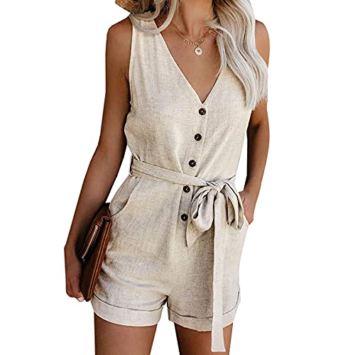 Geagodelia Damen Kurze Jumpsuit Elegant Sommer Outfit Ärmellos Overall Hosenanzug Einteiler Romper mit Knöpfe und Taschen (Beige, S) von Geagodelia