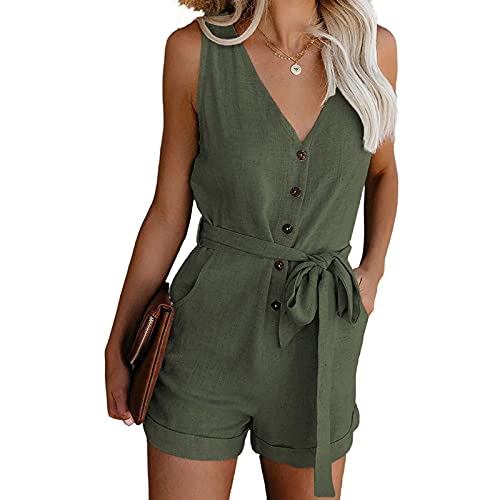 Geagodelia Damen Kurze Jumpsuit Elegant Sommer Outfit Ärmellos Overall Hosenanzug Einteiler Romper mit Knöpfe und Taschen (Grün, M) von Geagodelia