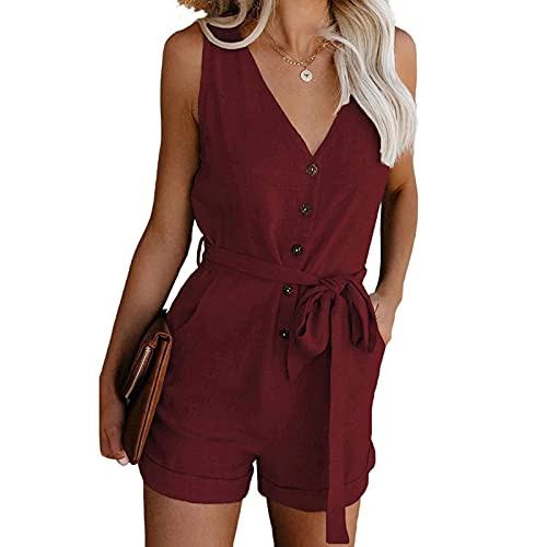 Geagodelia Damen Kurze Jumpsuit Elegant Sommer Outfit Ärmellos Overall Hosenanzug Einteiler Romper mit Knöpfe und Taschen (Rot, M) von Geagodelia