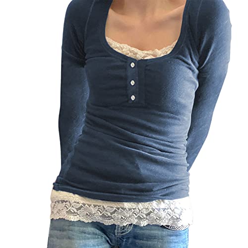 Geagodelia Damen Langarm Bluse Elegante Tunika Langarmshirt Vintage Sexy Oberteile Y2K Fashion Aesthetic Top für Teenager Mädchen Frühling Herbst (Blau 49, S) von Geagodelia