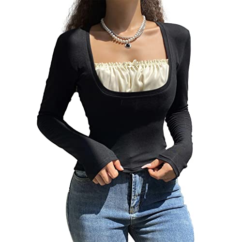 Geagodelia Damen Langarm Bluse Elegante Tunika Langarmshirt Vintage Sexy Oberteile Y2K Fashion Aesthetic Top für Teenager Mädchen Frühling Herbst (Schwarz 68, S) von Geagodelia