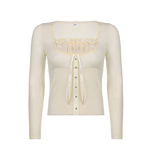 Geagodelia Damen Langarm Bluse Elegante Tunika Langarmshirt Vintage Sexy Oberteile Y2K Fashion Aesthetic Top für Teenager Mädchen Frühling Herbst (Weiß 45, M) von Geagodelia