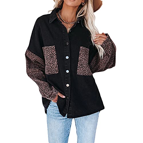 Geagodelia Damen Langarm Hemdjacke Jeansjacke Hemdbluse Elegante Knopfleiste Übergangsjacke Jacke Leopard Hemd Oberteile Top Aesthetic für Herbst Frühling (Schwarz, L) von Geagodelia