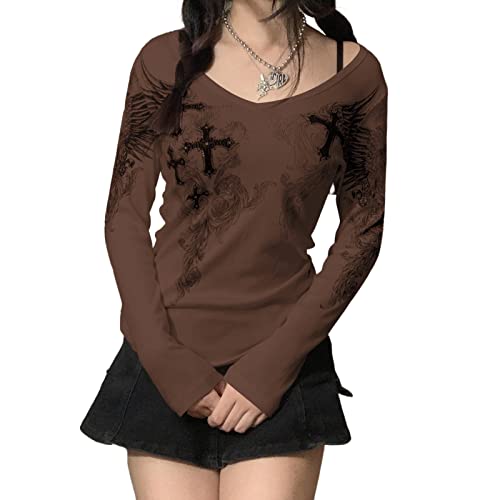 Geagodelia Damen Langarmshirt Elegant Longsleeve Top Gothic Oberteil Kleidung Y2k Aesthetic Grunge Clothes Langarm T-Shirt Bluse Skims Dupe Outfit (A - Braun, S) von Geagodelia