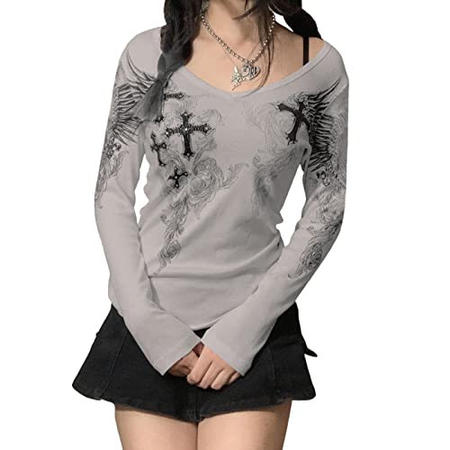 Geagodelia Damen Langarmshirt Elegant Longsleeve Top Gothic Oberteil Kleidung Y2k Aesthetic Grunge Clothes Langarm T-Shirt Bluse Skims Dupe Outfit (A - Grau, L) von Geagodelia