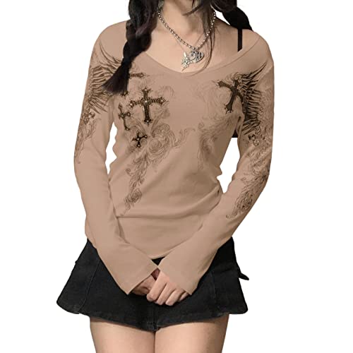 Geagodelia Damen Langarmshirt Elegant Longsleeve Top Gothic Oberteil Kleidung Y2k Aesthetic Grunge Clothes Langarm T-Shirt Bluse Skims Dupe Outfit (A - Khaki, S) von Geagodelia
