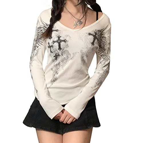 Geagodelia Damen Langarmshirt Elegant Longsleeve Top Gothic Oberteil Kleidung Y2k Aesthetic Grunge Clothes Langarm T-Shirt Bluse Skims Dupe Outfit (A - Weiß, L) von Geagodelia