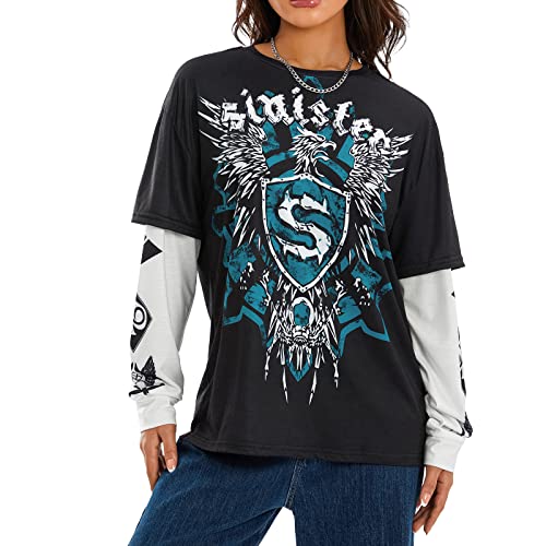 Geagodelia Damen Langarmshirt Elegant Longsleeve Top Gothic Oberteil Kleidung Y2k Aesthetic Grunge Clothes Langarm T-Shirt Bluse Skims Dupe Outfit (B - Navy, M) von Geagodelia