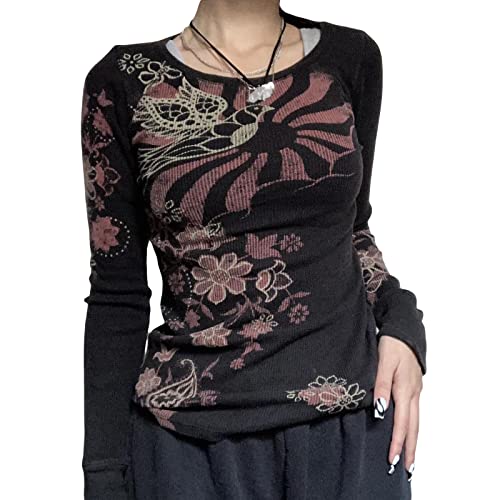 Geagodelia Damen Langarmshirt Elegant Longsleeve Top Gothic Oberteil Kleidung Y2k Aesthetic Grunge Clothes Langarm T-Shirt Bluse Skims Dupe Outfit (D - Schwarz, S) von Geagodelia