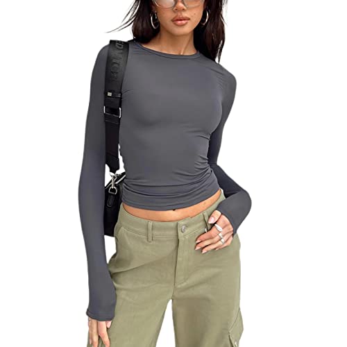 Geagodelia Damen Langarmshirt Elegant Oberteil Y2k Fashion Crop Top Sexy Langarm T-Shirt Bluse Aesthetic Clothes Outfit Frühling Sommer (A - Grau, L) von Geagodelia