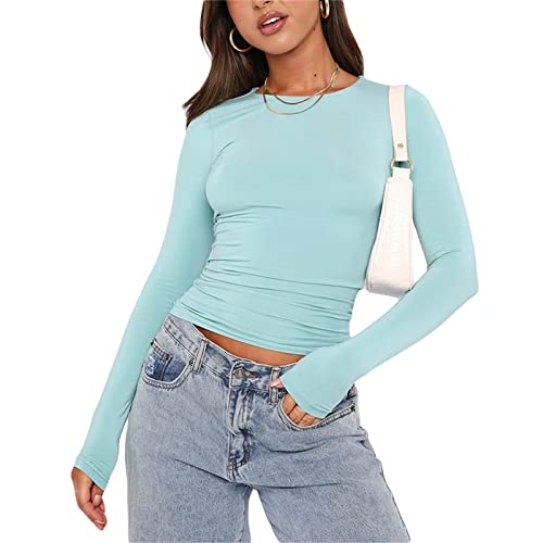 Geagodelia Damen Langarmshirt Elegant Oberteil Y2k Fashion Crop Top Sexy Langarm T-Shirt Bluse Aesthetic Clothes Outfit Frühling Sommer (A - Hellblau, L) von Geagodelia