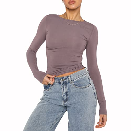 Geagodelia Damen Langarmshirt Elegant Oberteil Y2k Fashion Crop Top Sexy Langarm T-Shirt Bluse Aesthetic Clothes Outfit Frühling Sommer (B - Hellbraun, M) von Geagodelia