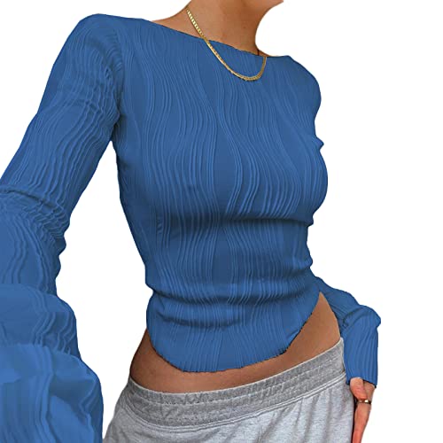 Geagodelia Damen Langarmshirt Elegant Oberteil Y2k Fashion Crop Top Sexy Langarm T-Shirt Bluse Aesthetic Clothes Outfit Frühling Sommer (C - Blau, L) von Geagodelia