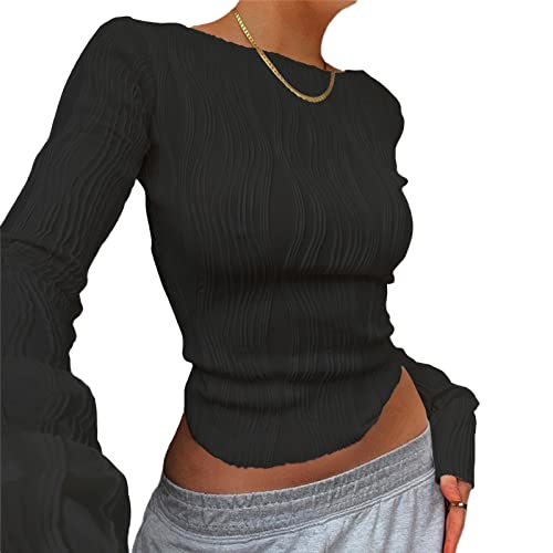 Geagodelia Damen Langarmshirt Elegant Oberteil Y2k Fashion Crop Top Sexy Langarm T-Shirt Bluse Aesthetic Clothes Outfit Frühling Sommer (C - Schwarz, L) von Geagodelia