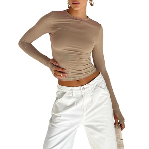 Geagodelia Damen Langarmshirt Longsleeve Top Elegant Oberteil Y2k Fashion Aesthetic Clothes Langarm T-Shirt Bluse Outfit Skims Dupe Frühling Sommer (A - Khaki, S) von Geagodelia