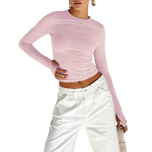 Geagodelia Damen Langarmshirt Longsleeve Top Elegant Oberteil Y2k Fashion Aesthetic Clothes Langarm T-Shirt Bluse Outfit Skims Dupe Frühling Sommer (A - Pink, M) von Geagodelia