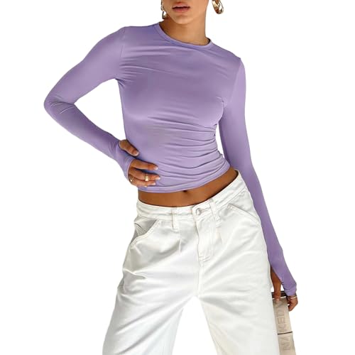 Geagodelia Damen Langarmshirt Longsleeve Top Elegant Oberteil Y2k Fashion Aesthetic Clothes Langarm T-Shirt Bluse Outfit Skims Dupe Frühling Sommer (A - Violett, S) von Geagodelia