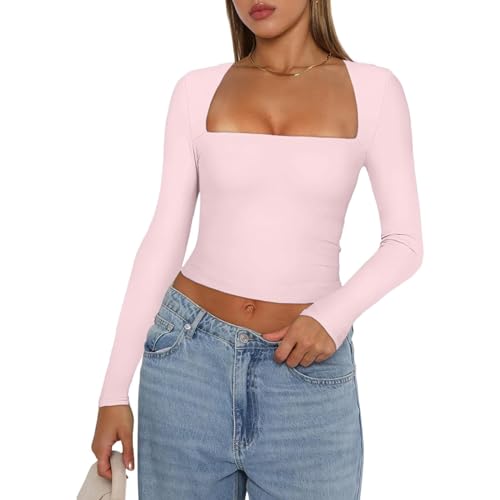 Geagodelia Damen Langarmshirt Longsleeve Top Elegant Oberteil Y2k Fashion Aesthetic Clothes Langarm T-Shirt Bluse Outfit Skims Dupe Frühling Sommer (D - Hellpink, S) von Geagodelia