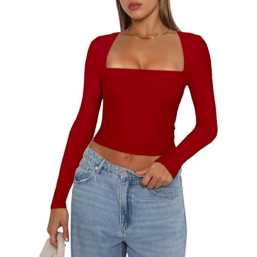 Geagodelia Damen Langarmshirt Longsleeve Top Elegant Oberteil Y2k Fashion Aesthetic Clothes Langarm T-Shirt Bluse Outfit Skims Dupe Frühling Sommer (D - Rot, L) von Geagodelia