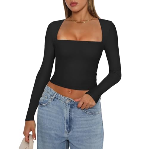 Geagodelia Damen Langarmshirt Longsleeve Top Elegant Oberteil Y2k Fashion Aesthetic Clothes Langarm T-Shirt Bluse Outfit Skims Dupe Frühling Sommer (D - Schwarz, L) von Geagodelia
