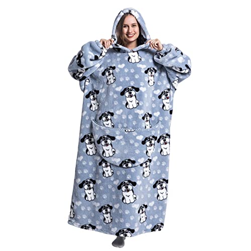 Geagodelia Damen Lange Decken Hoodie Oversized Hoodie Pullover Kuschelig Fleece Hoodie Decke zum Anziehen Weiche Kuschelpullover Hausanzug Kapuzenpullover Winter Einheitsgröße (Blau Grau-Hund) von Geagodelia