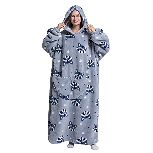 Geagodelia Damen Lange Decken Hoodie Oversized Hoodie Pullover Kuschelig Fleece Hoodie Decke zum Anziehen Weiche Kuschelpullover Hausanzug Kapuzenpullover Winter Einheitsgröße (Blau Grau-Waschbär) von Geagodelia