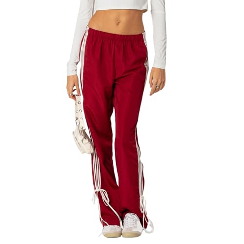Geagodelia Damen Lange Jogginghose Lose Bequeme Seite Gestreifte Schleife Elastische Niedrige Taille Aktive Hose Mit Seitentasche Für Frühling Herbst (Rot, L) von Geagodelia