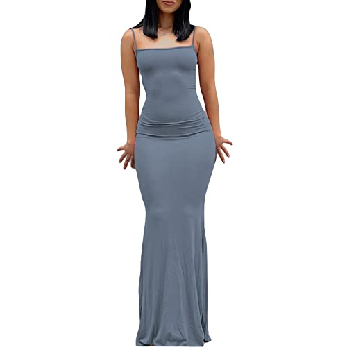 Geagodelia Damen Lange Partykleid Sexy Spaghetti/Langarm Sommerkleid Maxikleider Elegante Sommer Kleider Y2k Aesthetic Clothes Outfit Skims Dupes Dress (A - Blau, XS) von Geagodelia